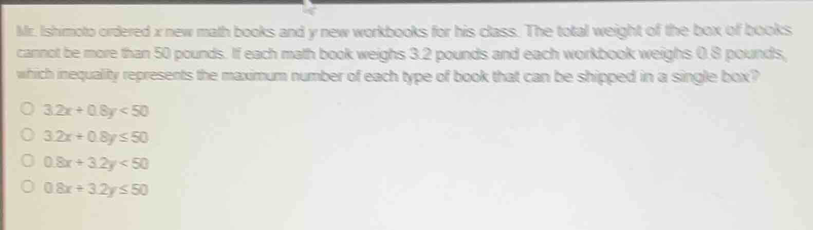 mr. ishimoto ordered x new math books and y new workbooks for his class…