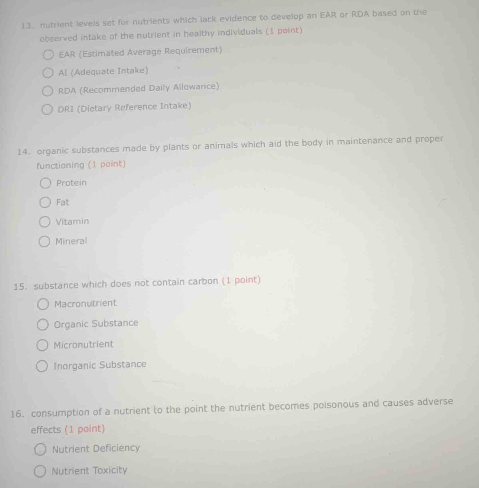 13. nutrient levels set for nutrients which lack evidence to develop an…