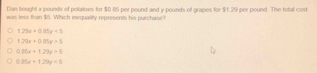 dan bought x pounds of potatoes for $0.85 per pound and y pounds of gra…