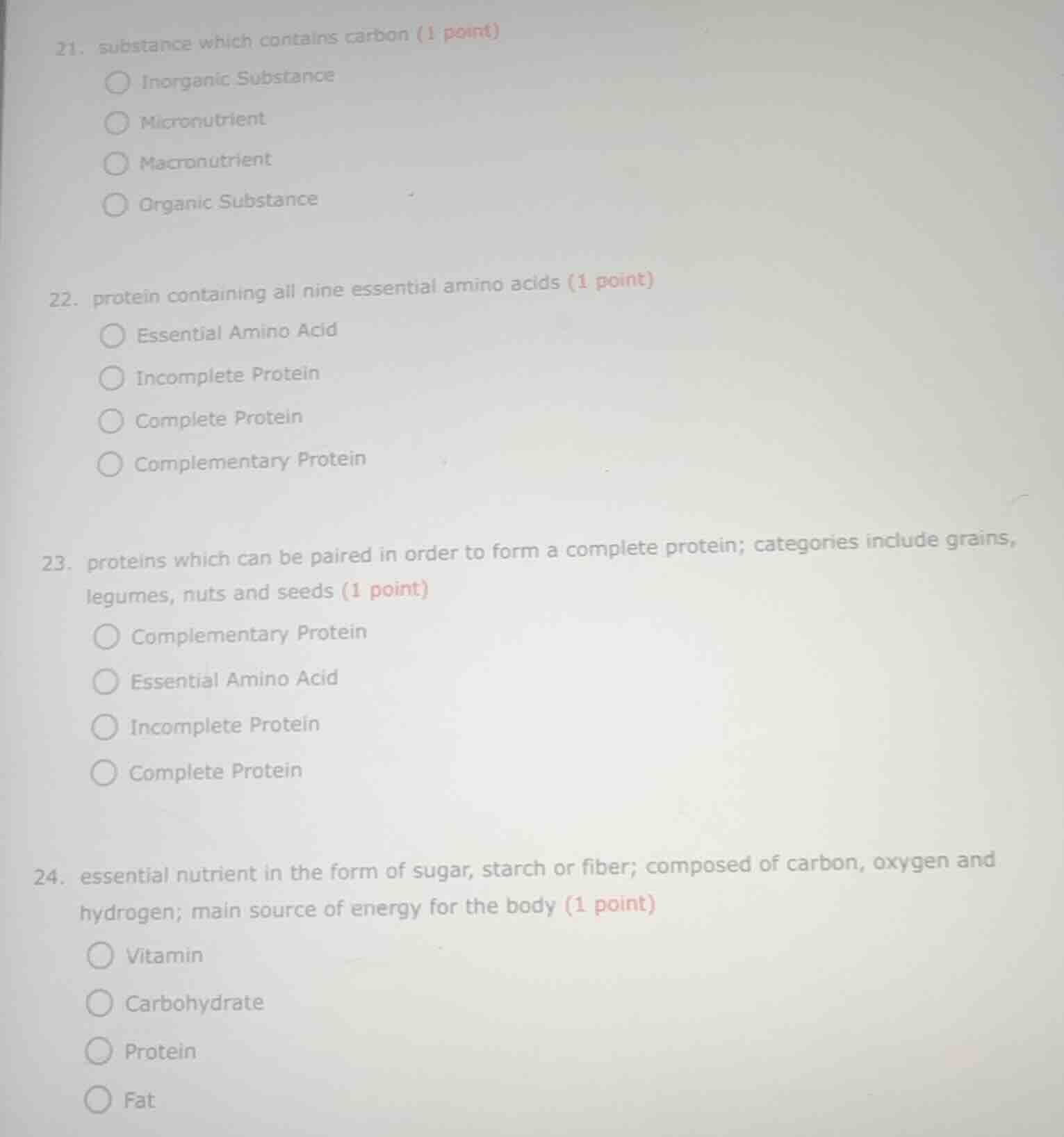 21. substance which contains carbon (1 point) inorganic substance micro…