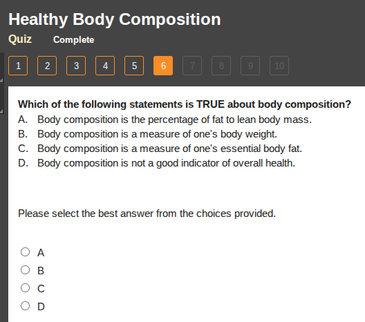 healthy body composition quiz complete 1 2 3 4 5 6 7 8 9 10 which of th…