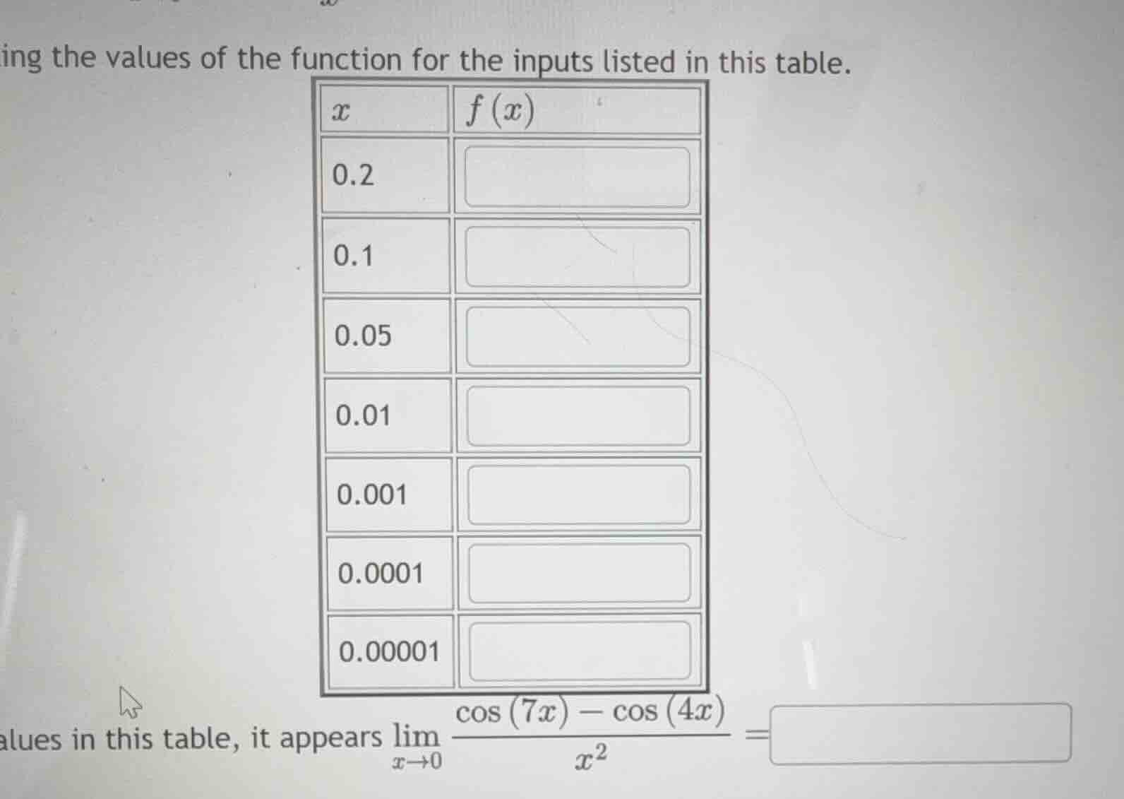 ing the values of the function for the inputs listed in this table. x |…