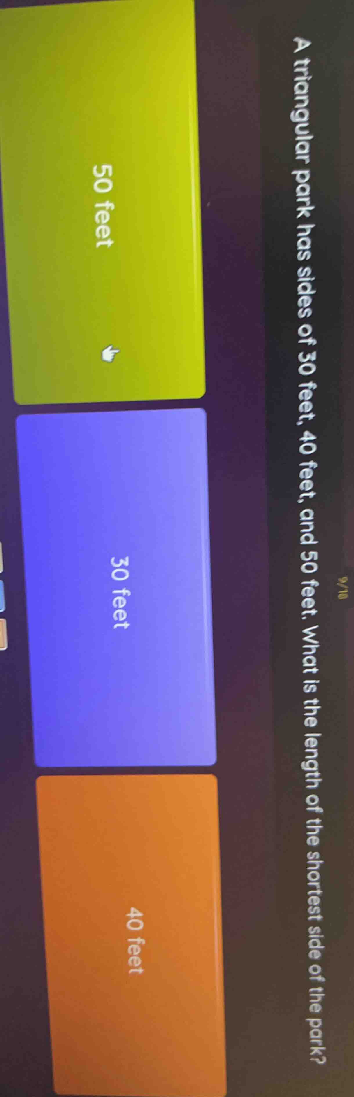 a triangular park has sides of 30 feet, 40 feet, and 50 feet. what is t…