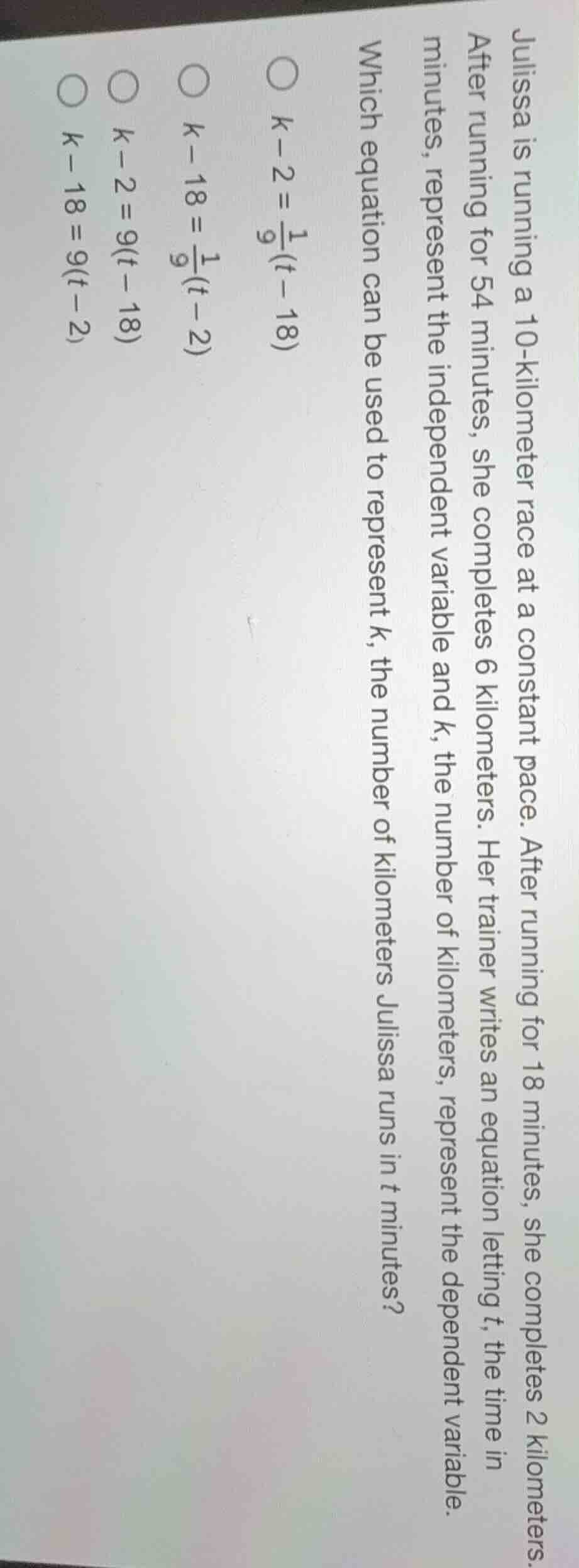 julissa is running a 10 - kilometer race at a constant pace. after runn…