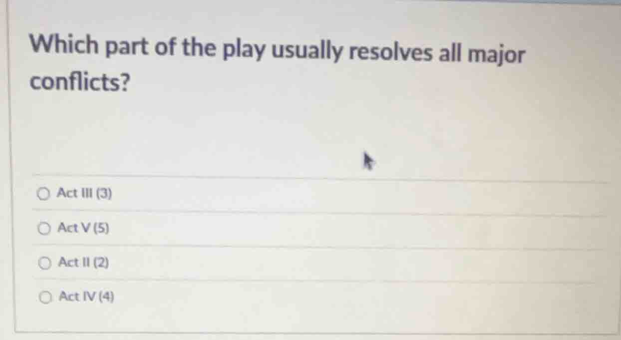 which part of the play usually resolves all major conflicts? act iii (3…