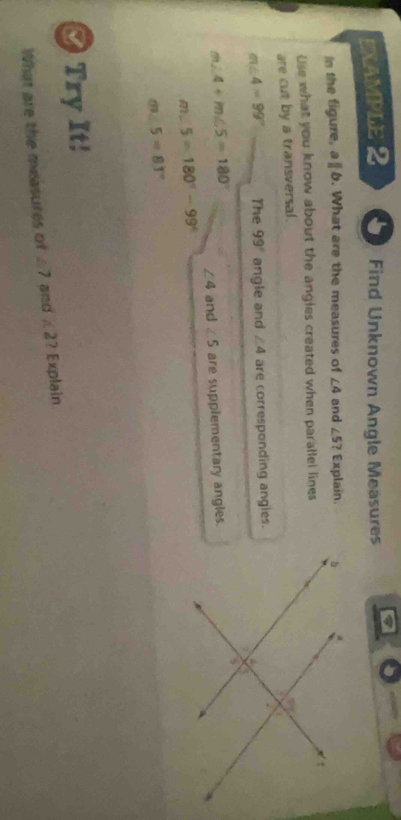 example 2 find unknown angle measures in the figure, ( a parallel b ). …