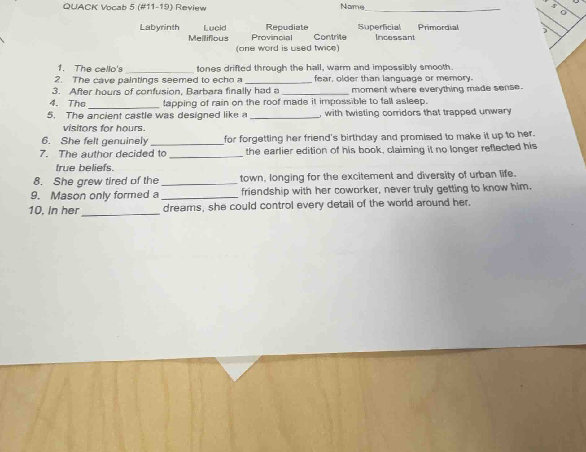 quack vocab 5 (#11-19) review name__________ labyrinth lucid repudiate …