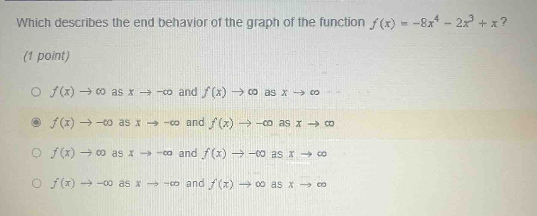 which describes the end behavior of the graph of the function $f(x) = -…