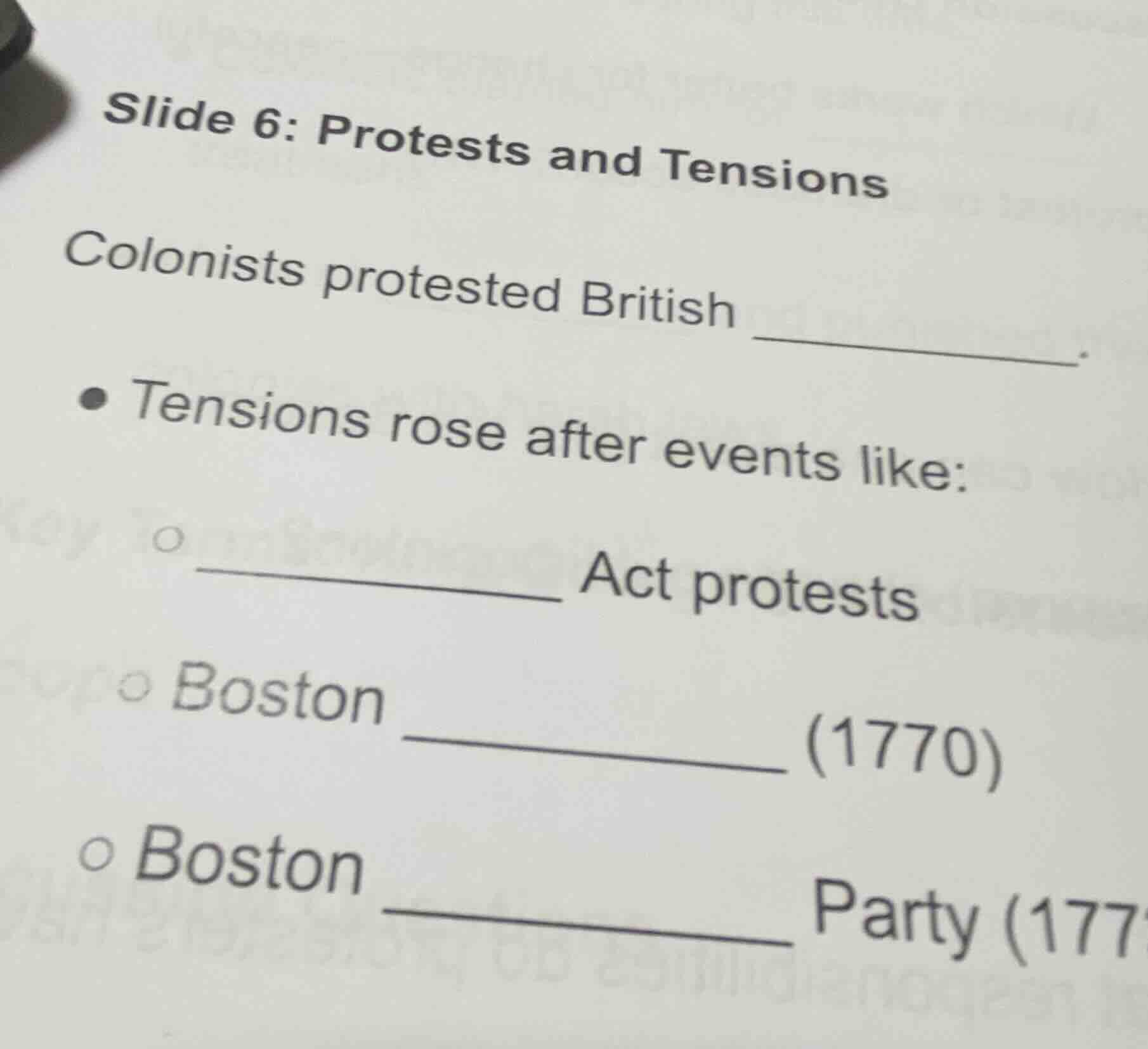 slide 6: protests and tensions colonists protested british ______. - te…