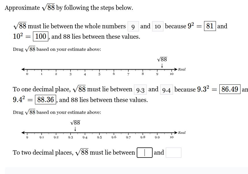 approximate \\(\\sqrt{88}\\) by following the steps below.\\(\\sqrt{88}…