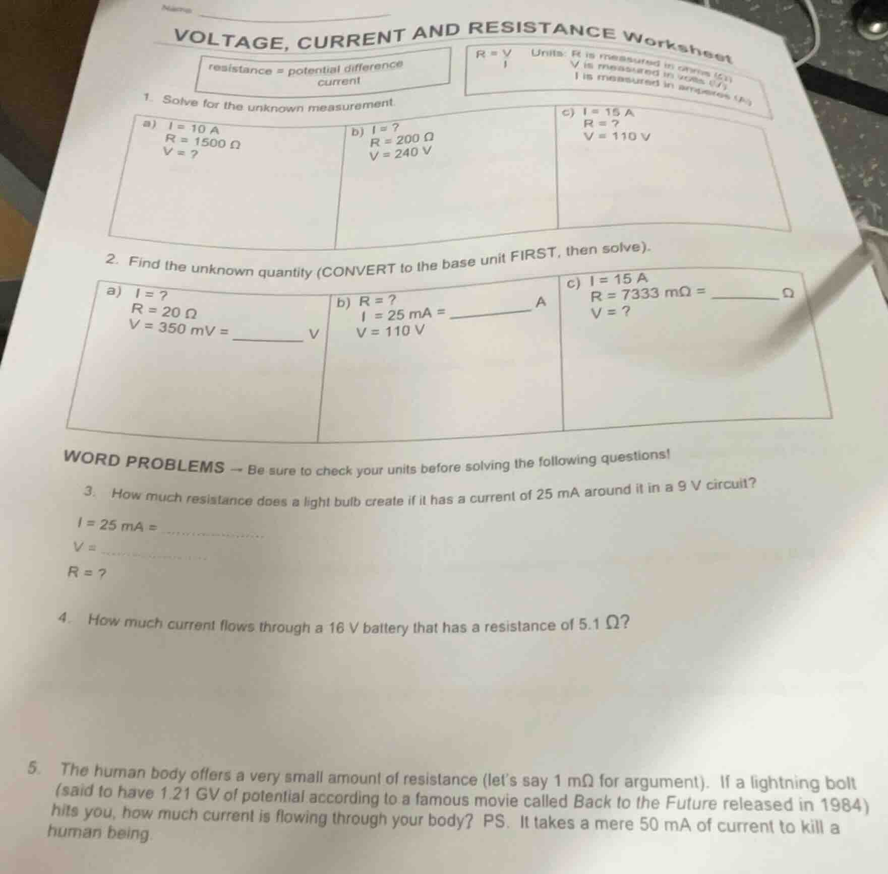 voltage, current and resistance worksheet resistance = potential differ…