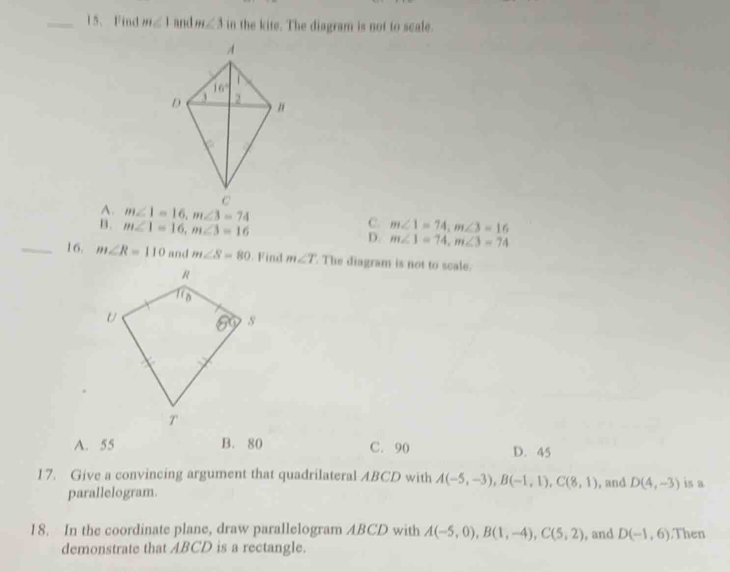15. find ( mangle 1 ) and ( mangle 3 ) in the kite. the diagram is not …