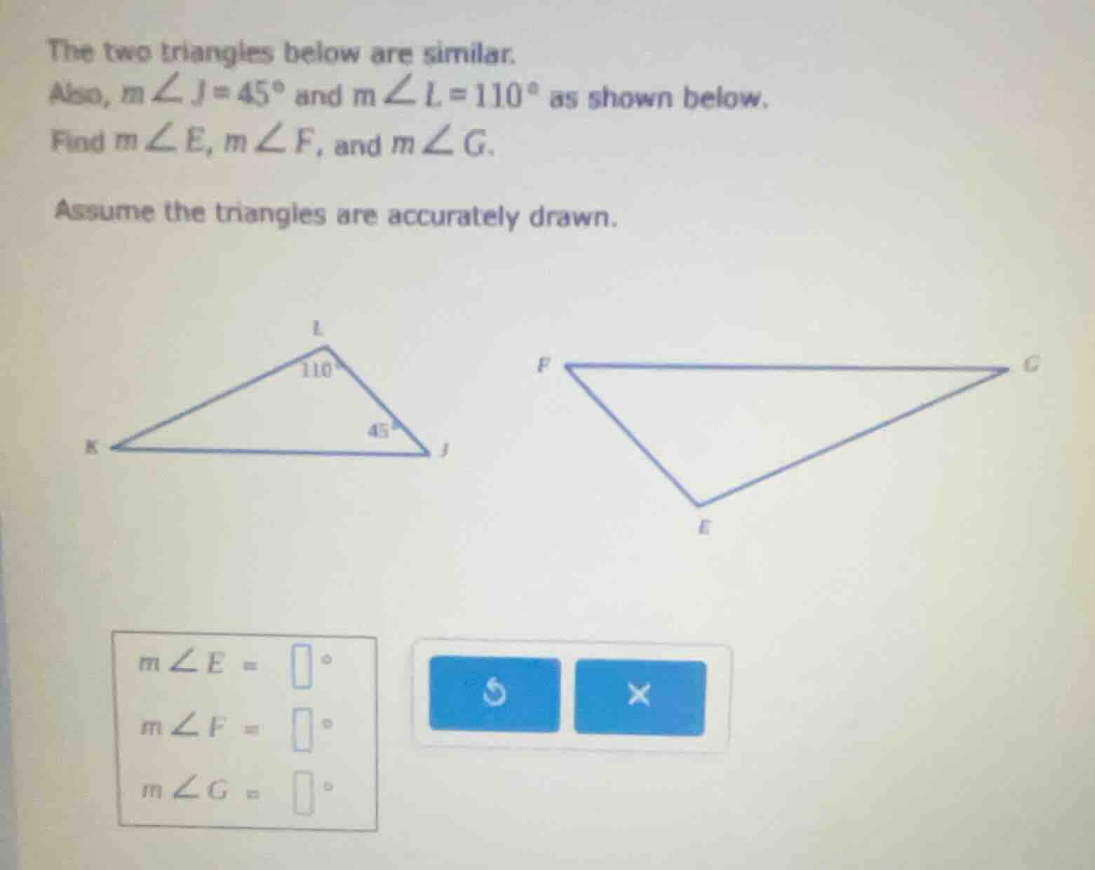 the two triangles below are similar. also, ( mangle j = 45^circ ) and (…