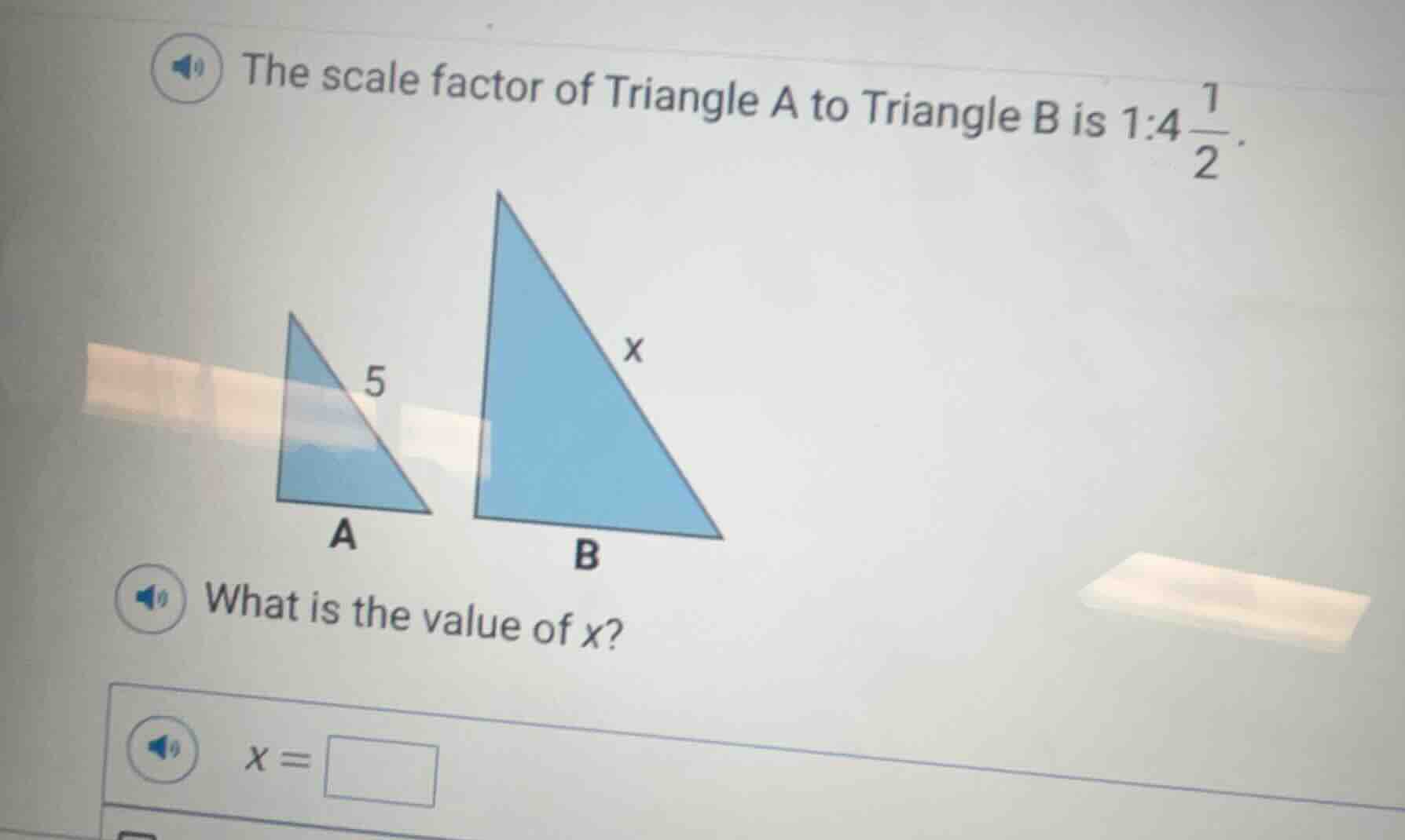the scale factor of triangle a to triangle b is 1:$4\\frac{1}{2}$. what…