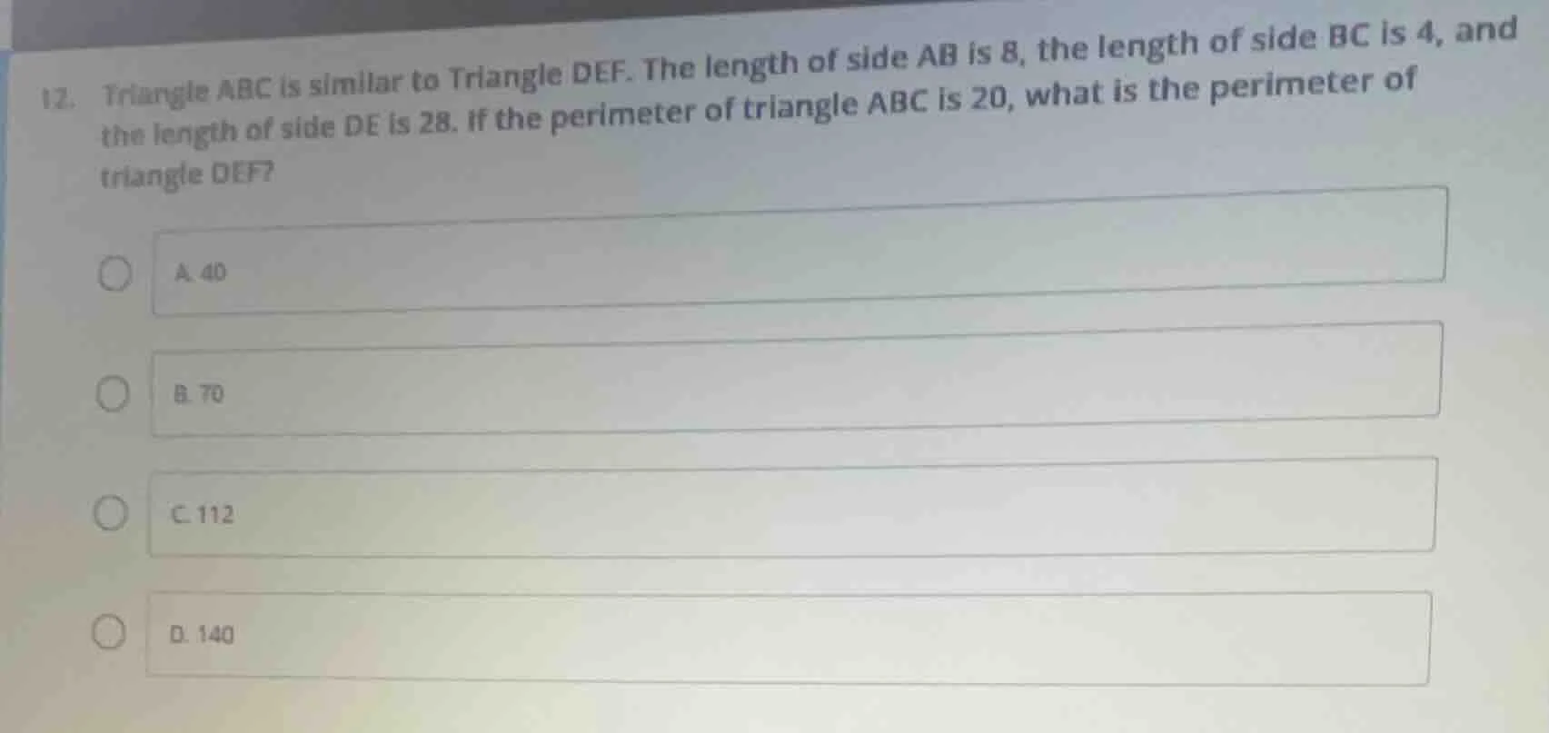 12. triangle abc is similar to triangle def. the length of side ab is 8…