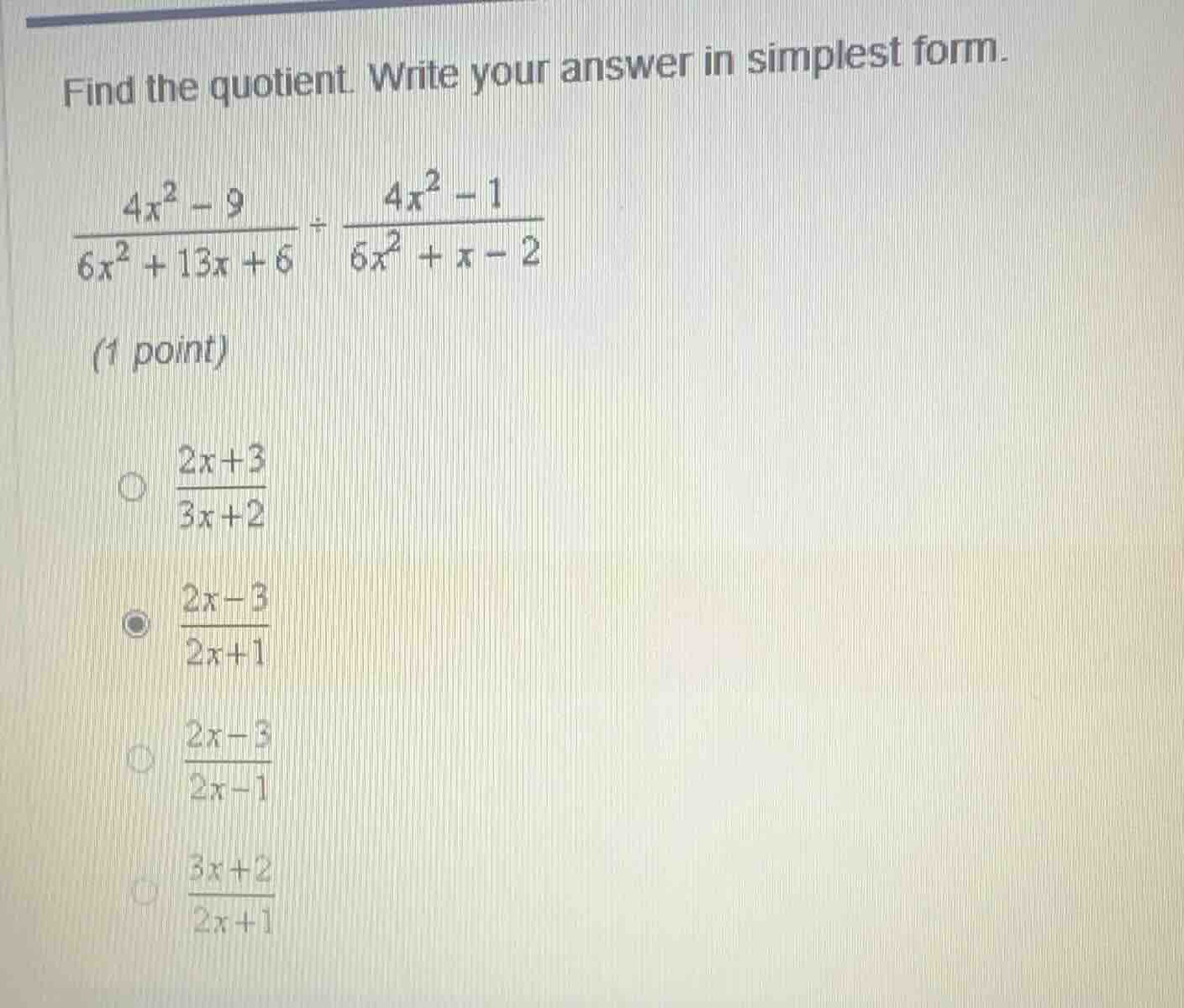 find the quotient. write your answer in simplest form.\\( \\frac{4x^2 -…