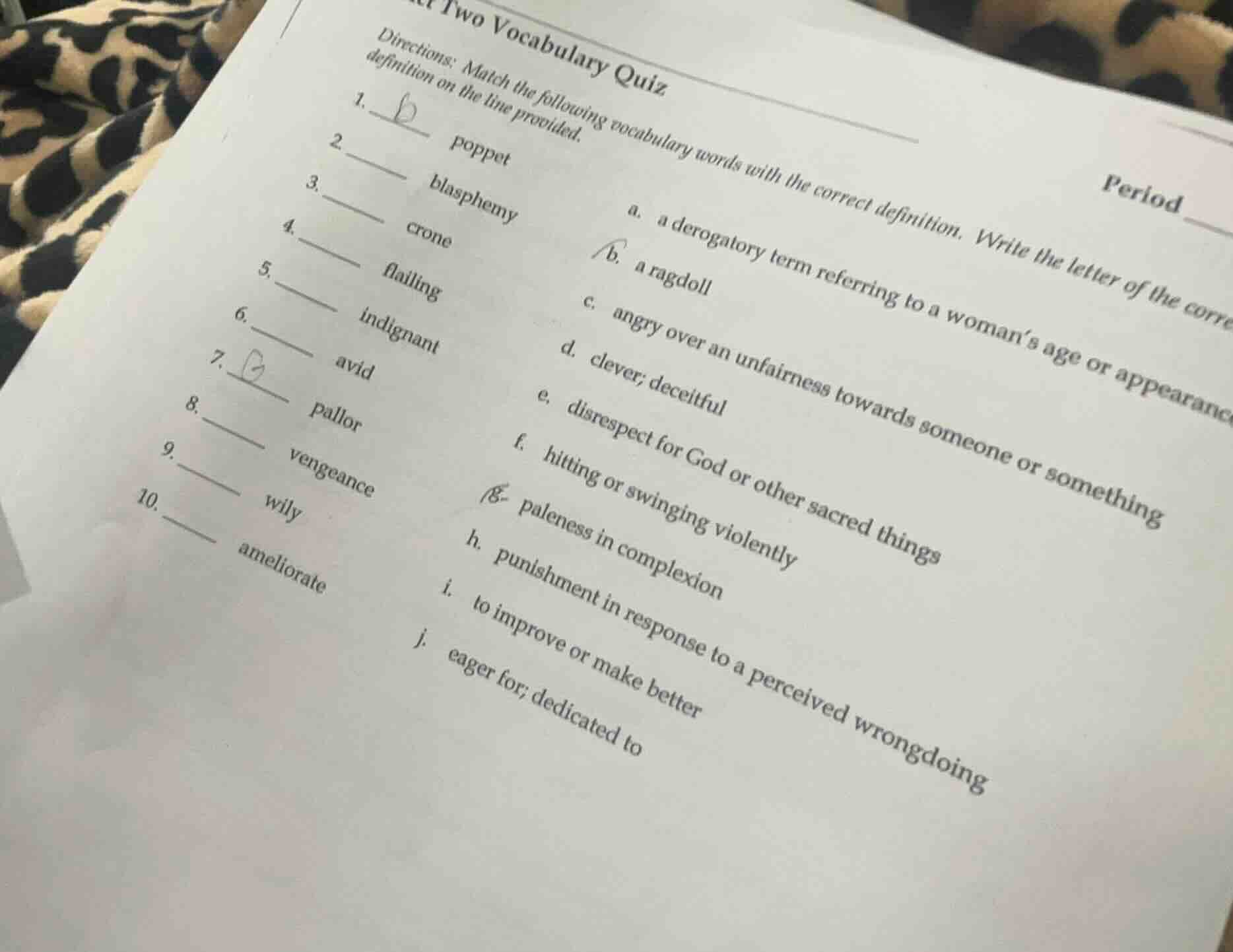 two vocabulary quiz period directions: match the following vocabulary w…