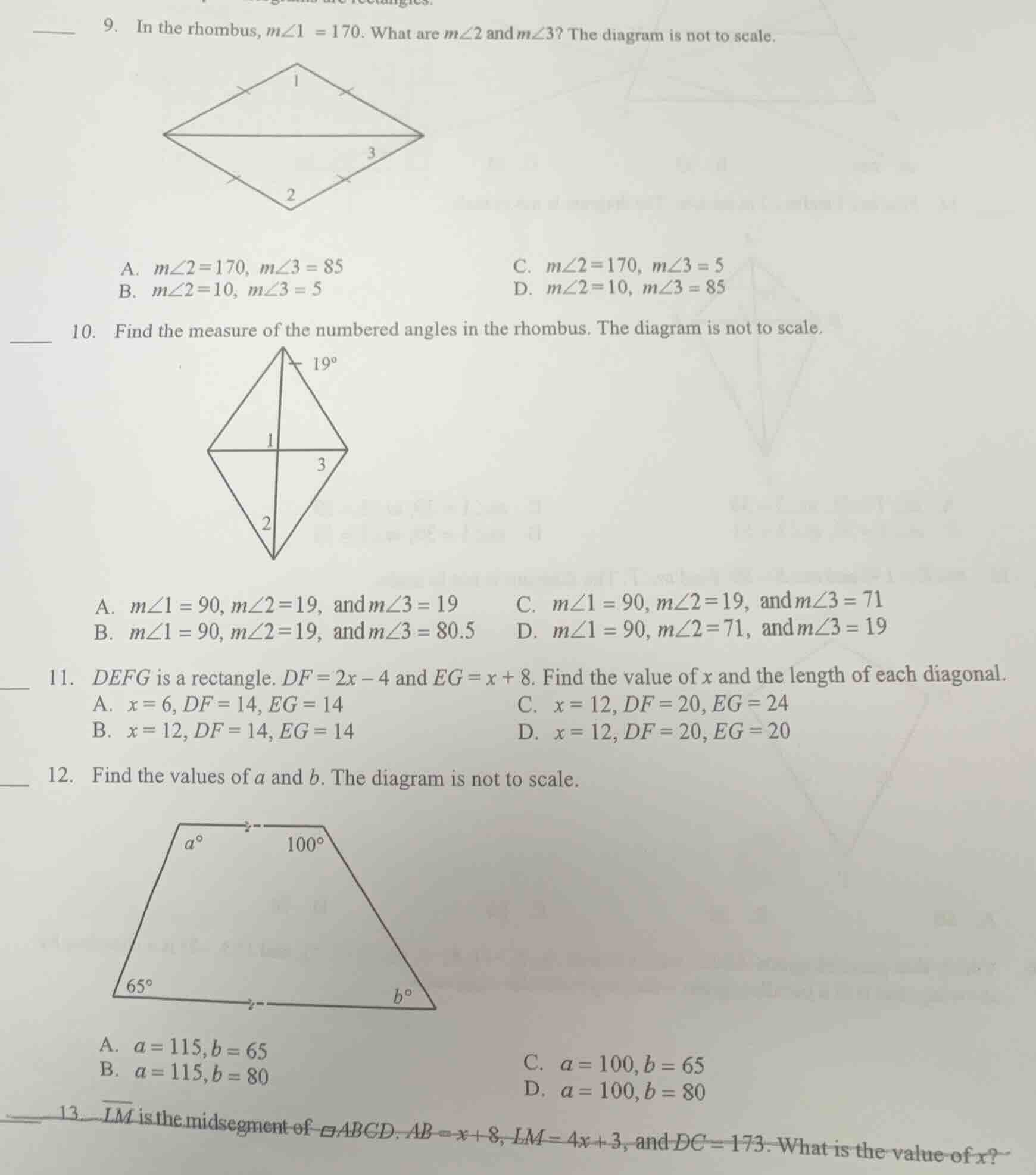 9. in the rhombus, ( mangle1 = 170 ). what are ( mangle2 ) and ( mangle…