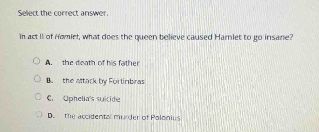 select the correct answer. in act ii of hamlet, what does the queen bel…