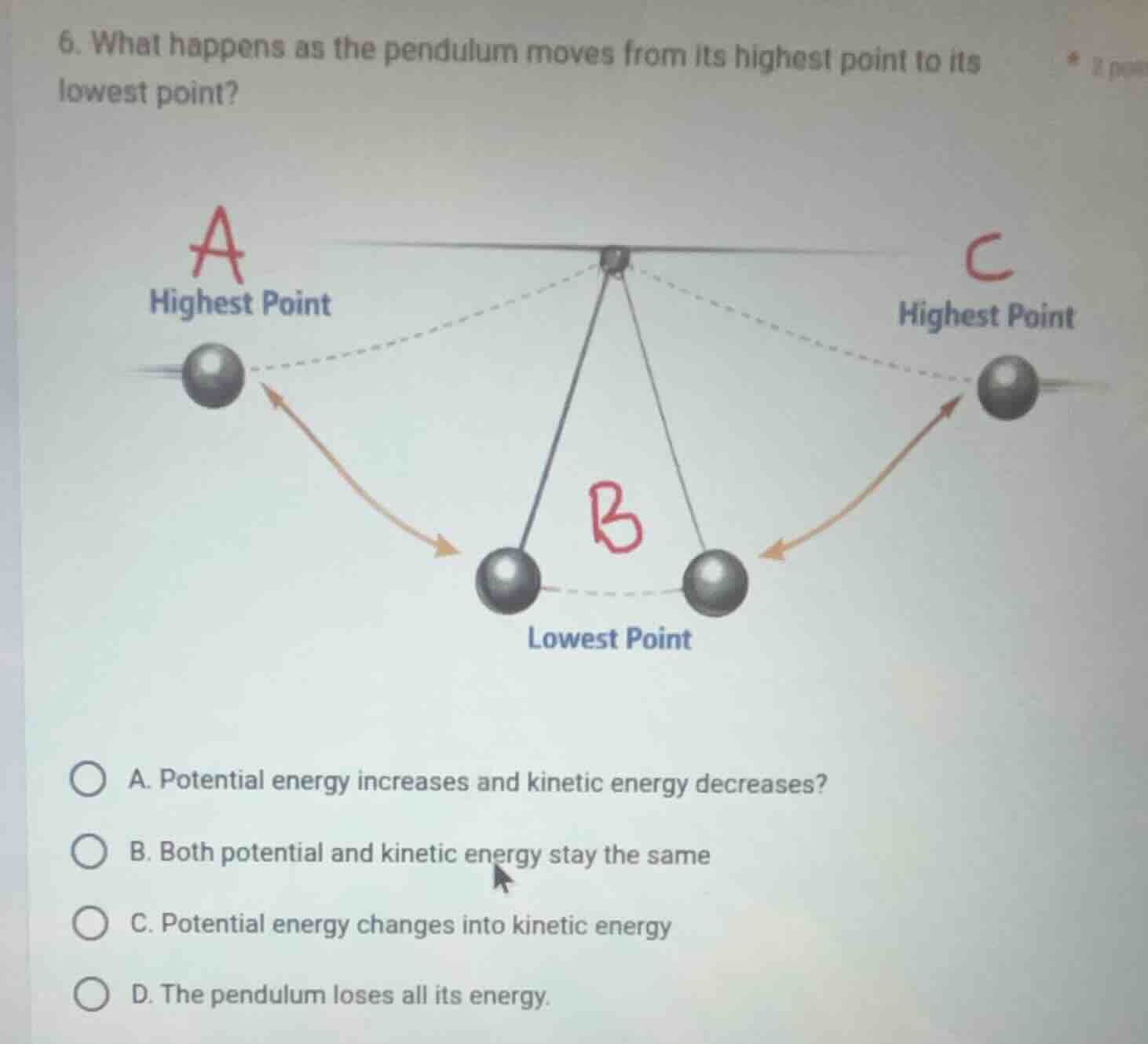 6. what happens as the pendulum moves from its highest point to its low…