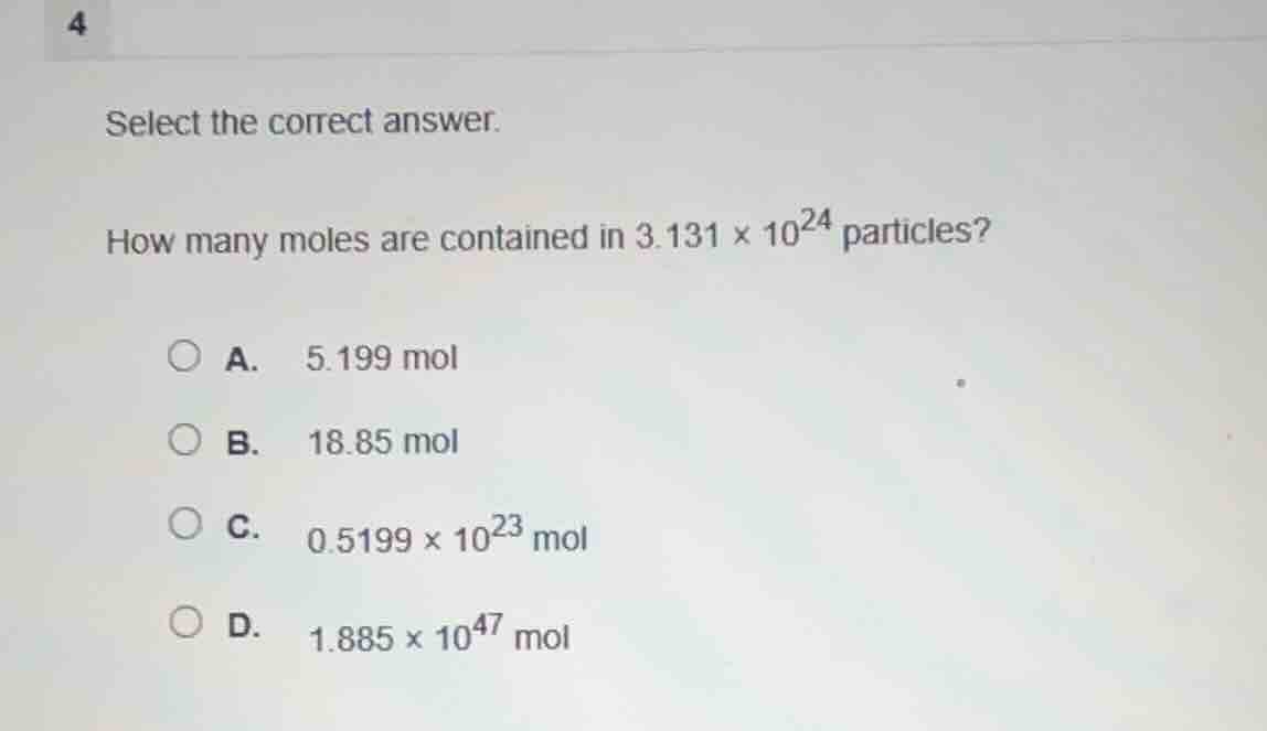 select the correct answer. how many moles are contained in $3.131 \\tim…