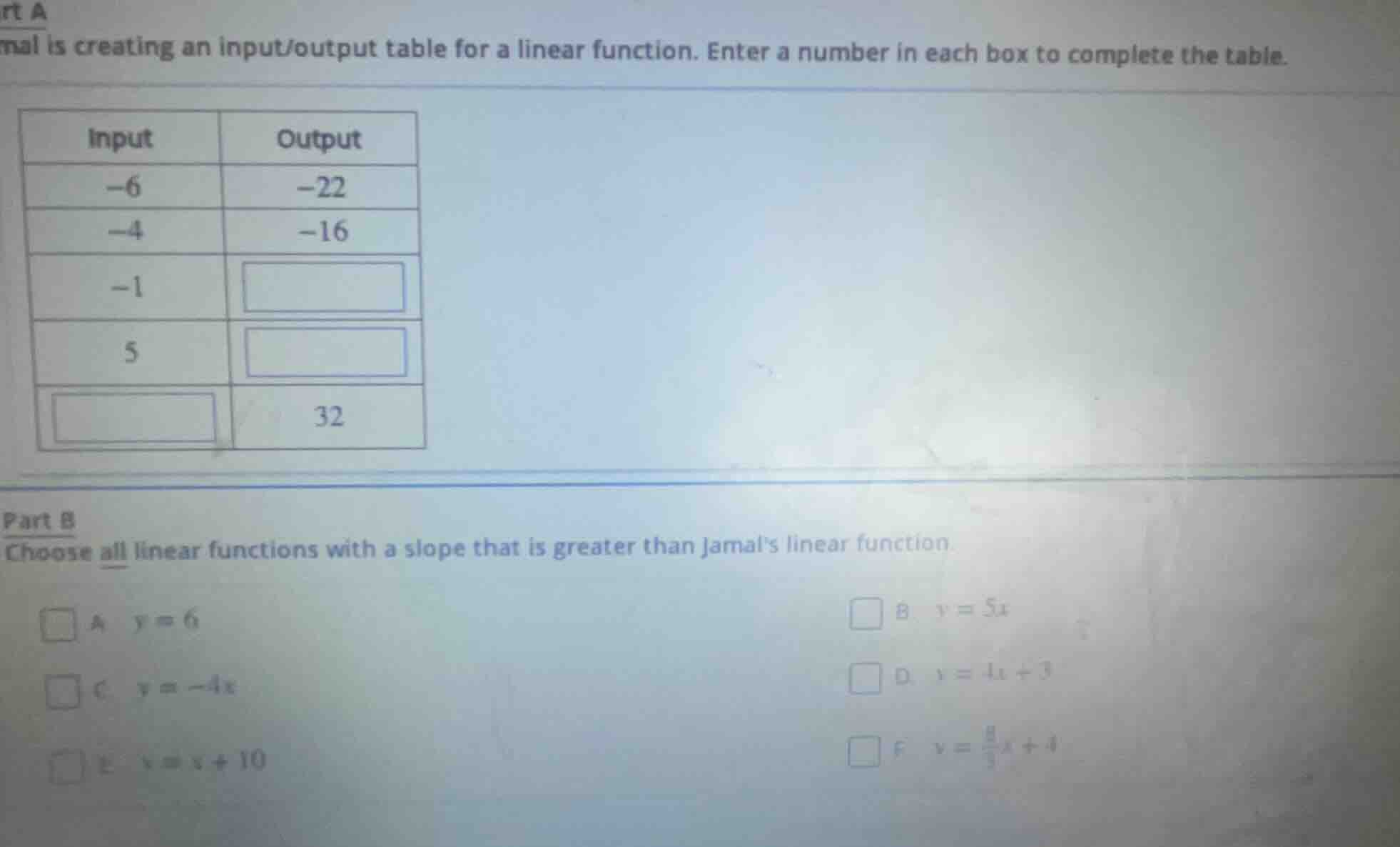 part a mal is creating an input/output table for a linear function. ent…