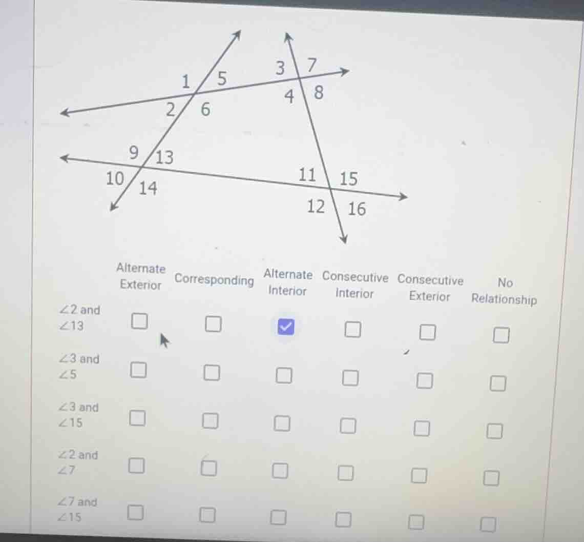 ∠2 and ∠13 ∠3 and ∠5 ∠3 and ∠15 ∠2 and ∠7 ∠7 and ∠15 alternate exterior…