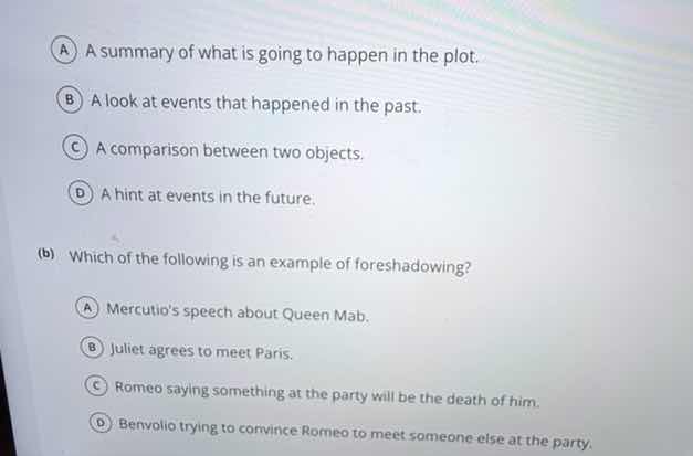 (a) a a summary of what is going to happen in the plot. b a look at eve…