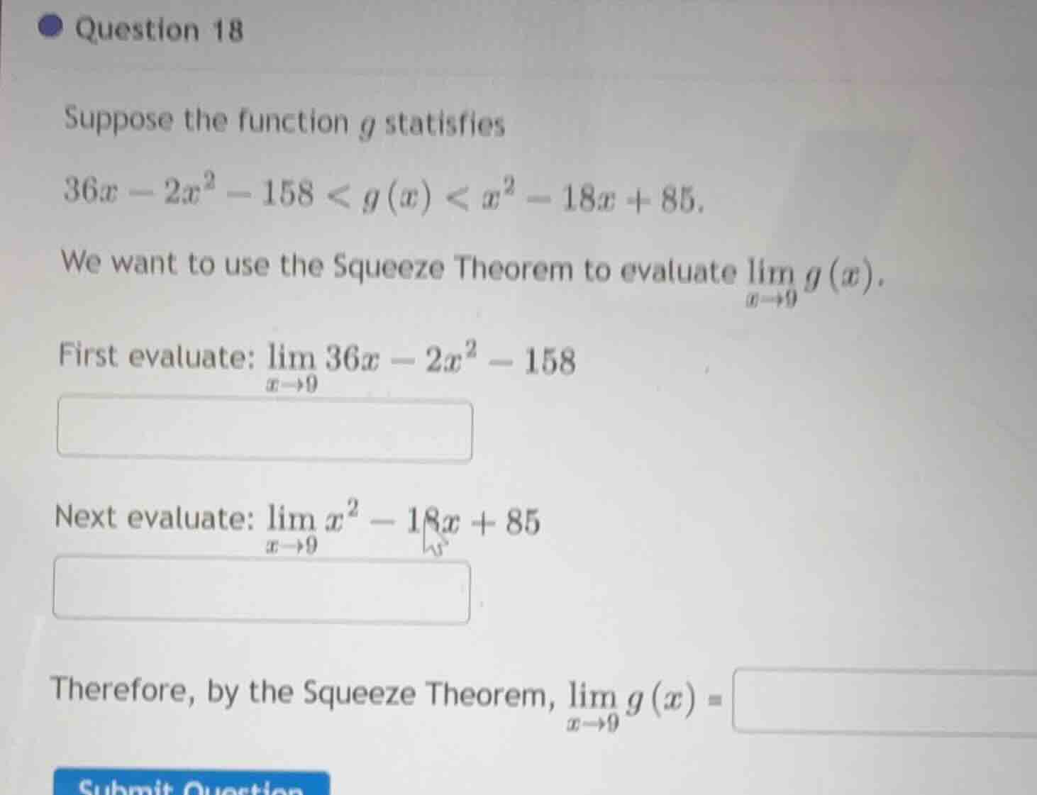 question 18 suppose the function ( g ) satisfies ( 36x - 2x^2 - 158 < g…