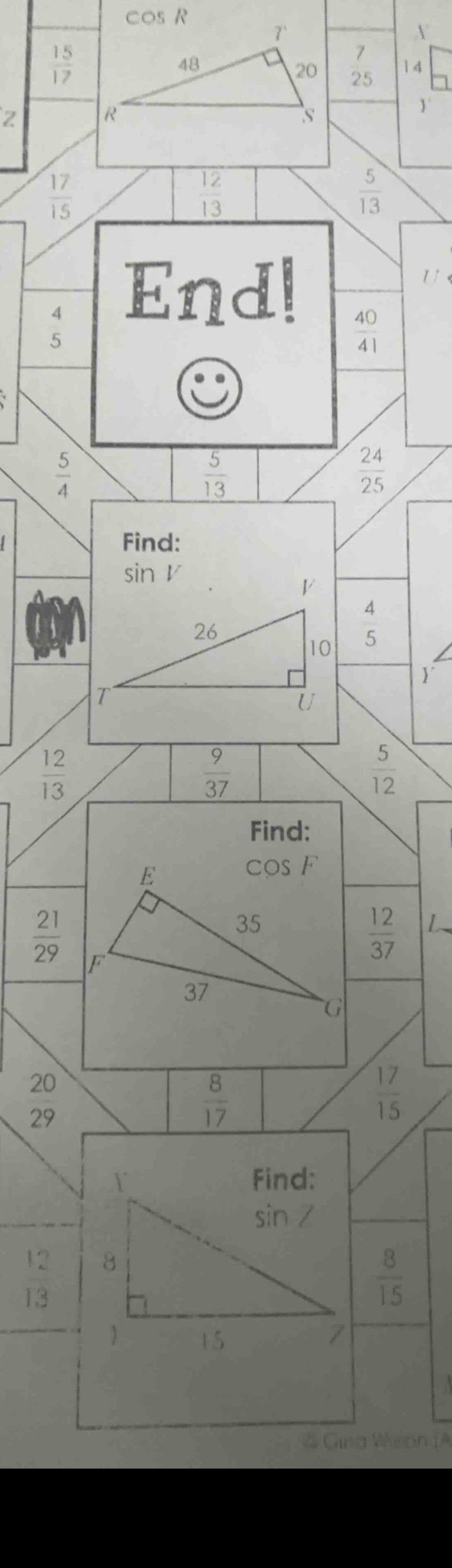 find: sin v (right triangle with hypotenuse 26, leg 10, right angle at …