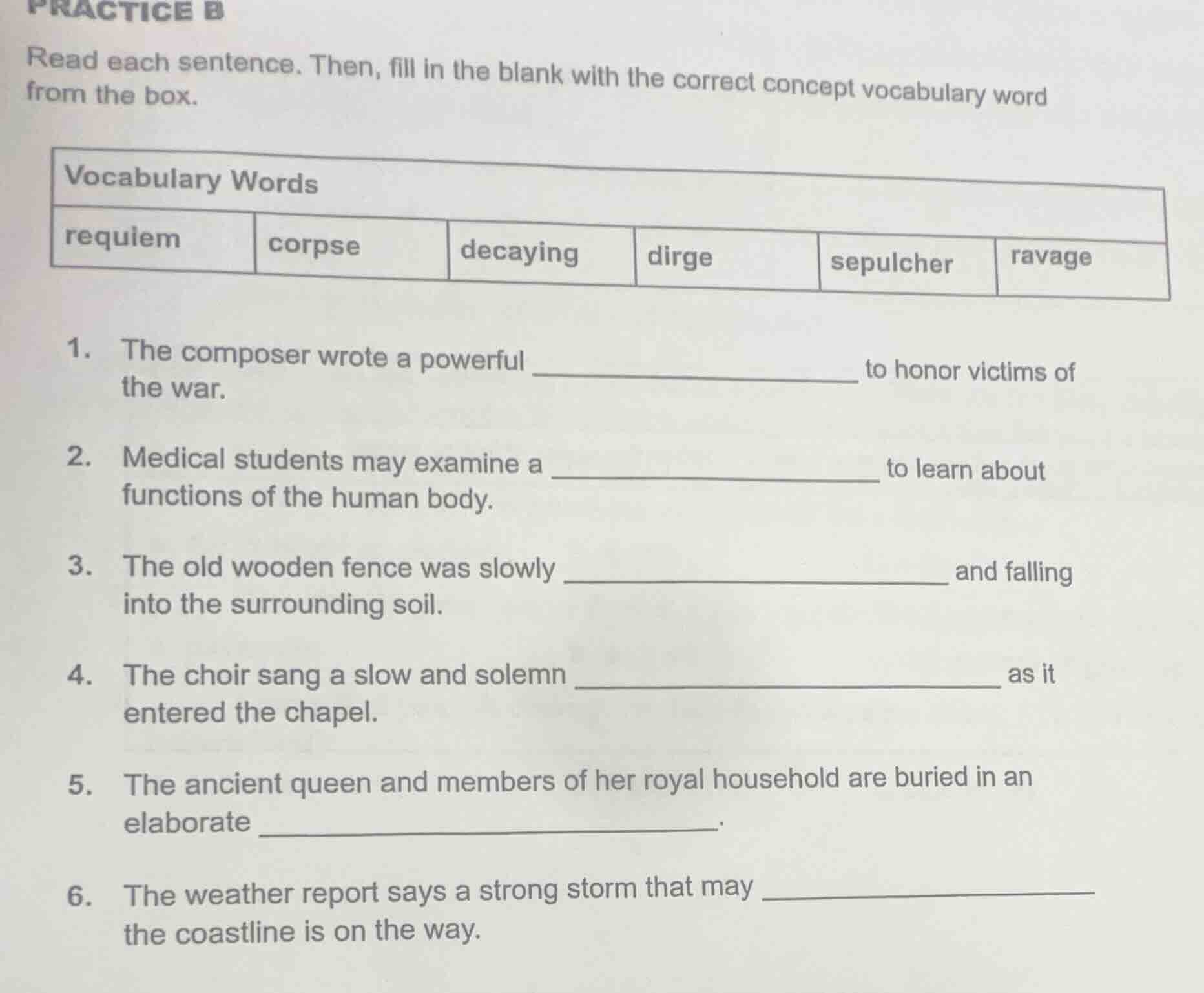 practice b read each sentence. then, fill in the blank with the correct…