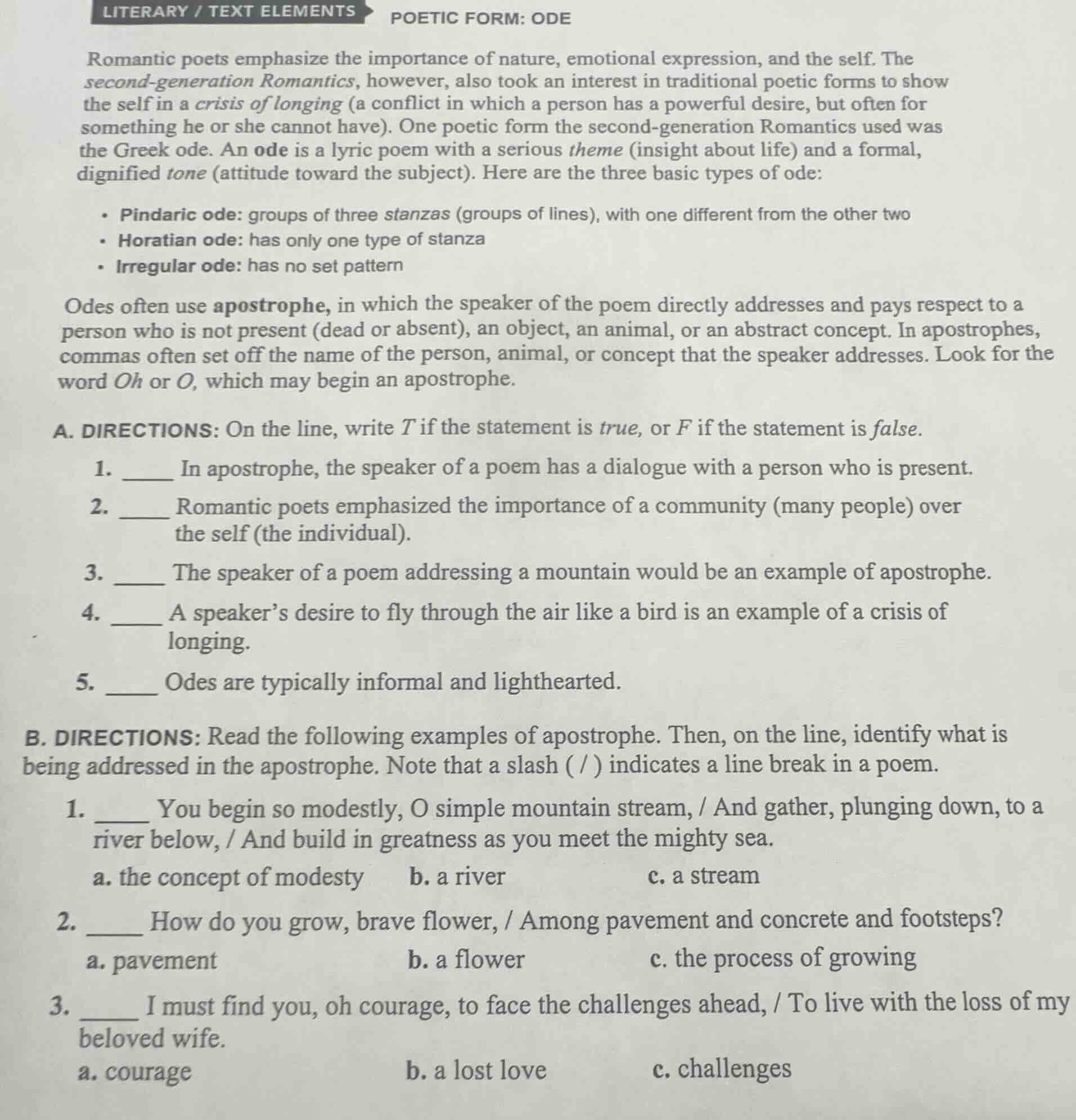 literary / text elements poetic form: ode romantic poets emphasize the …