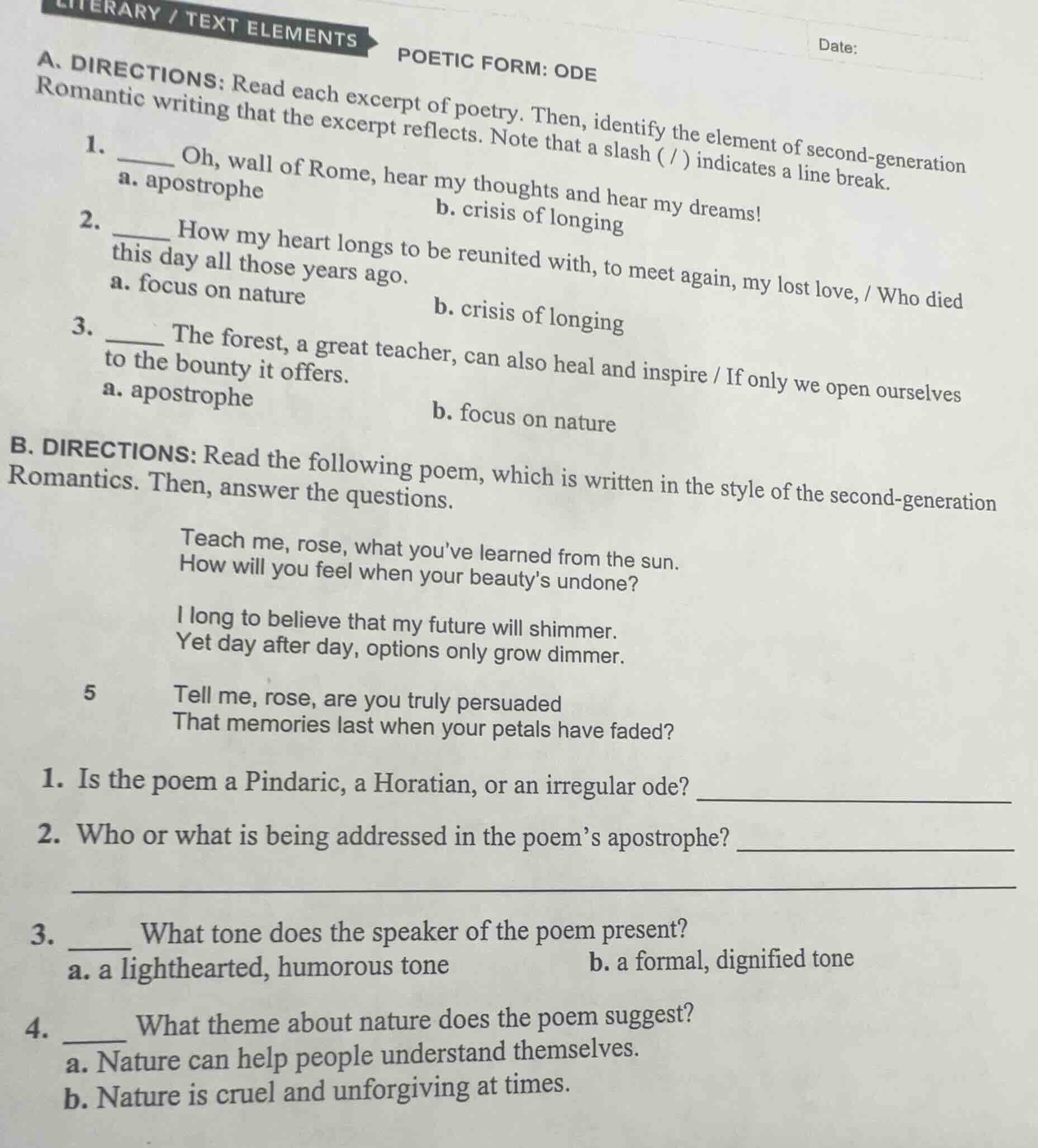literary / text elements poetic form: ode date: a. directions: read eac…