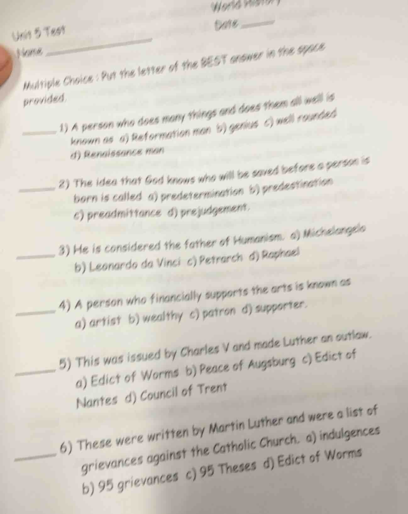 unit 5 test name _______________ world history date ______ multiple cho…