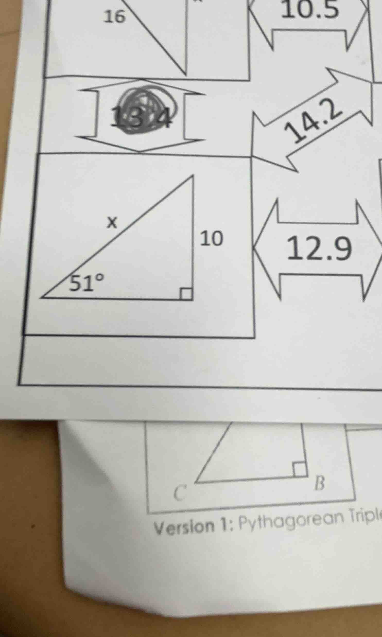 16 10.5 14.2 12.9 x 10 51° version 1: pythagorean tripl