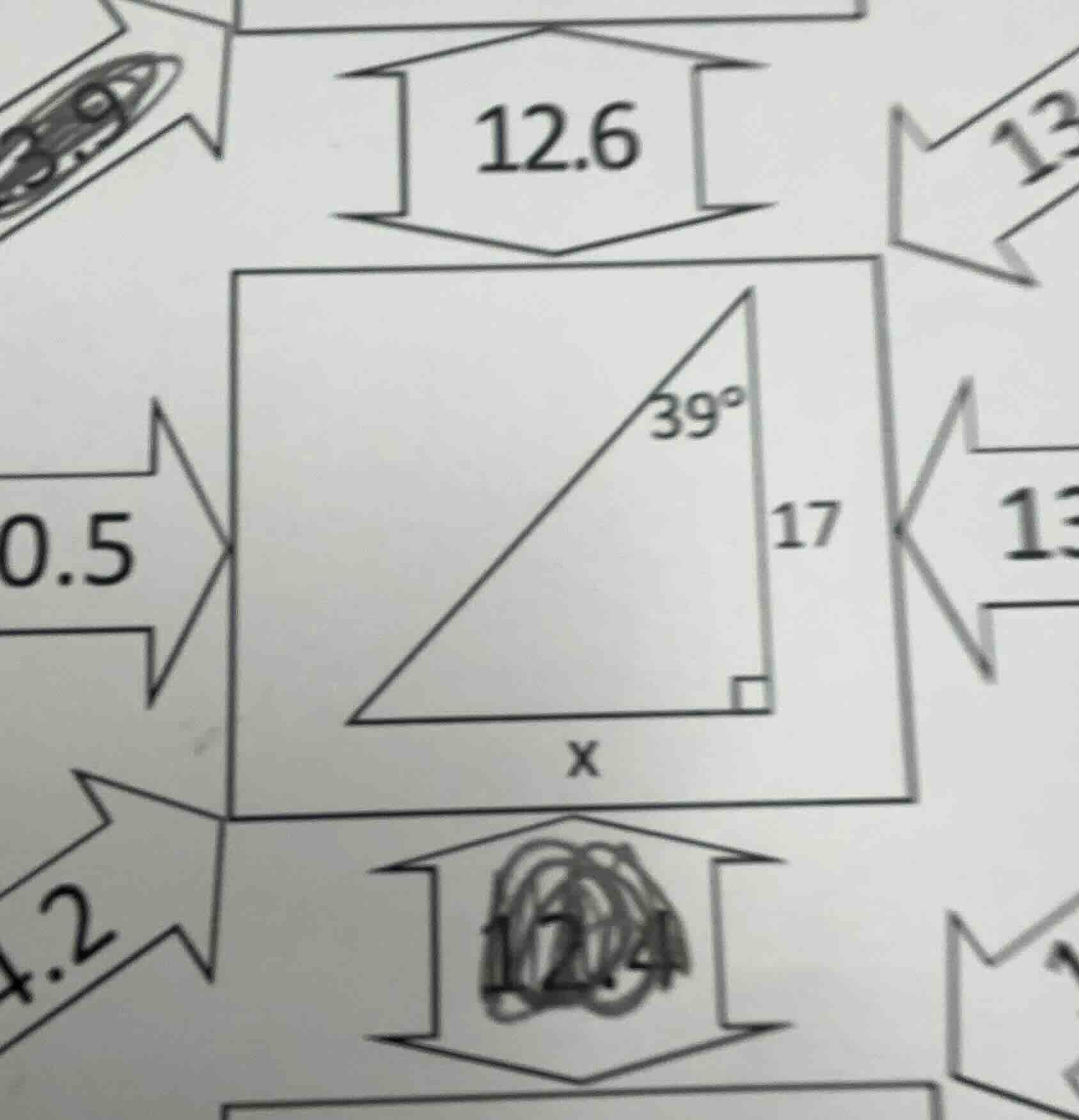 in the right triangle, one angle is 39°, the length of the vertical sid…