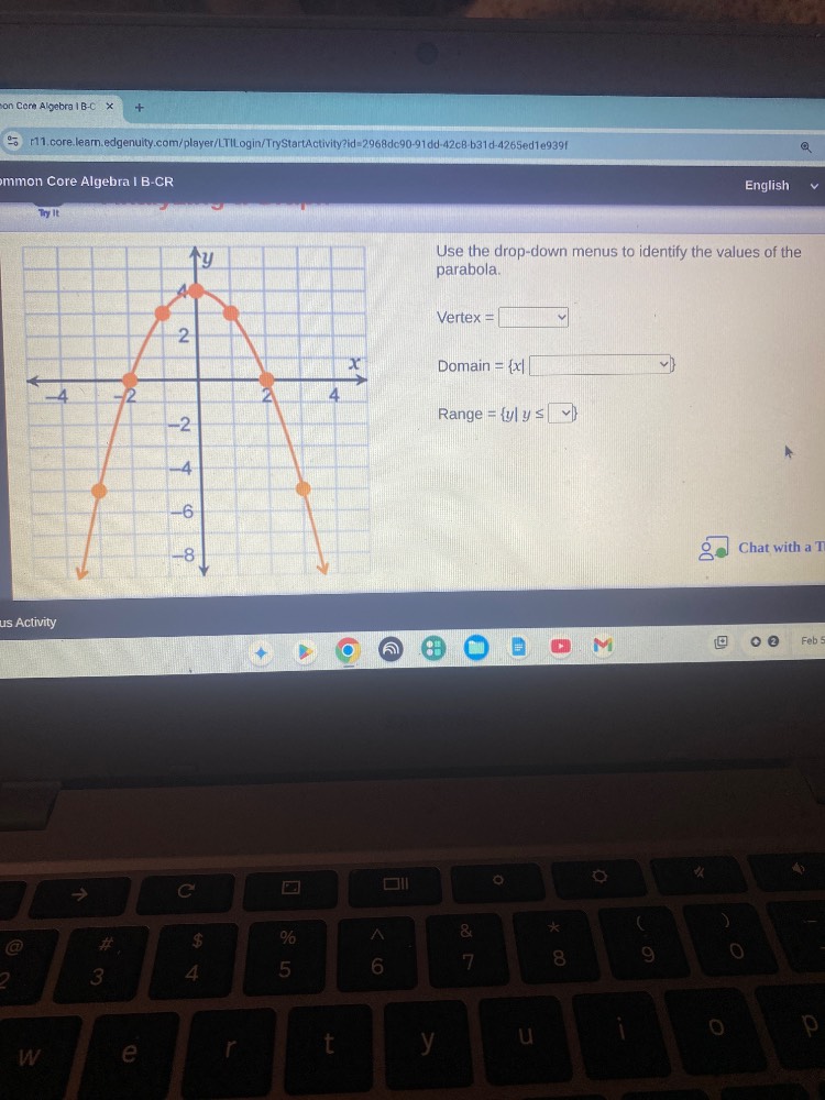 use the drop - down menus to identify the values of the parabola. verte…