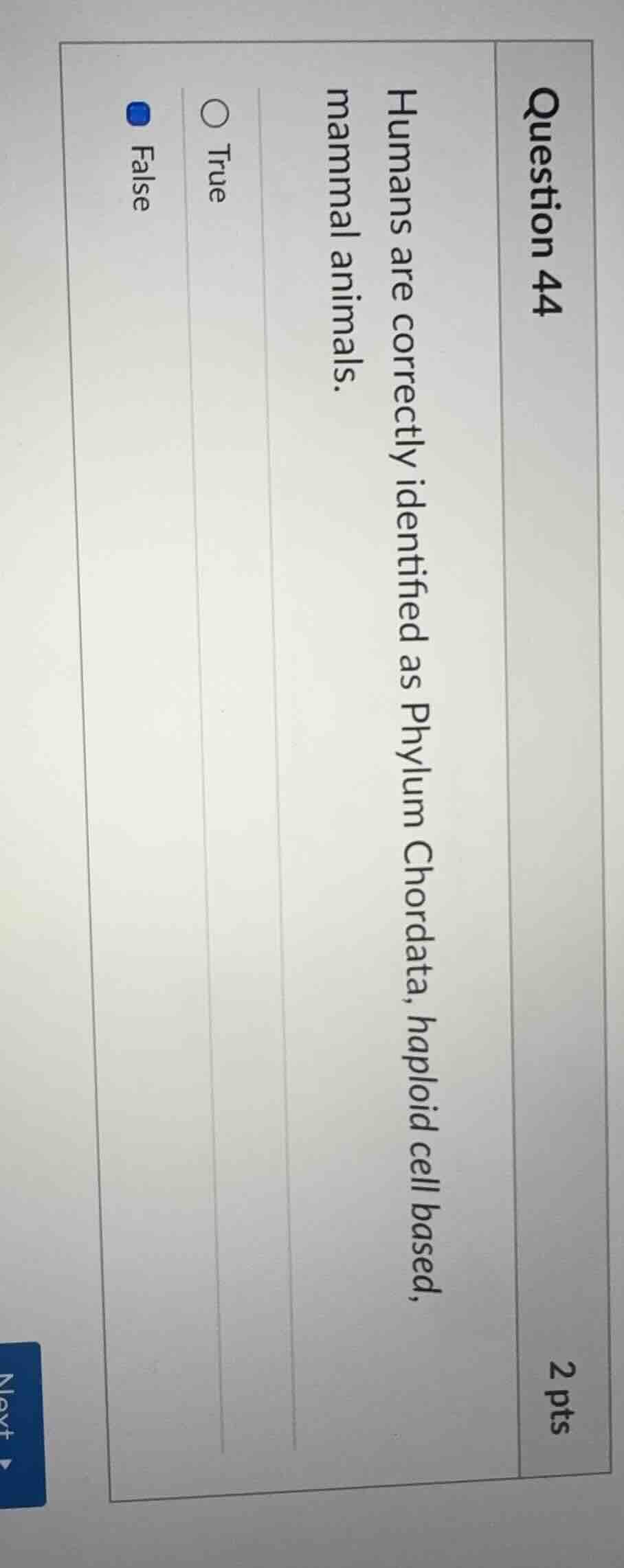 question 44 2 pts humans are correctly identified as phylum chordata, h…