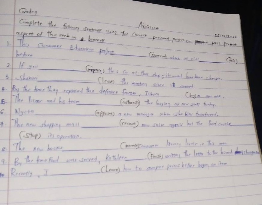 grade9 english complete the following sentence using the correct presen…