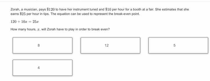 zorah, a musician, pays $120 to have her instrument tuned and $10 per h…