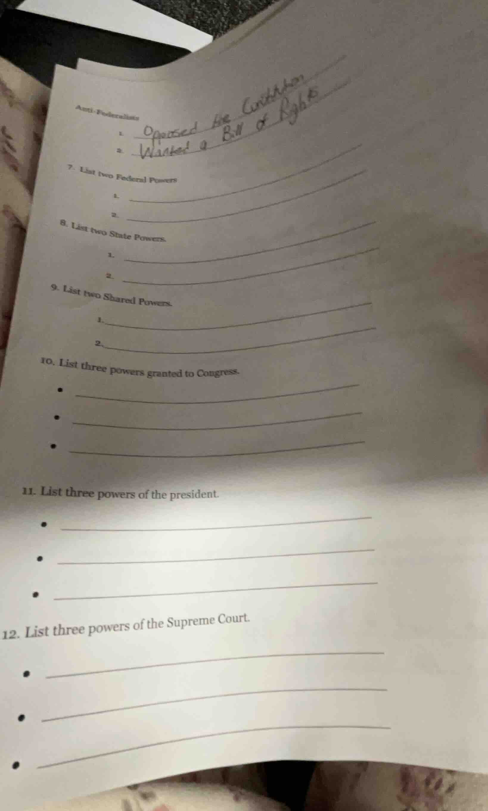 anti - federalists 1. 2. 7. list two federal powers 1. 2. 8. list two s…