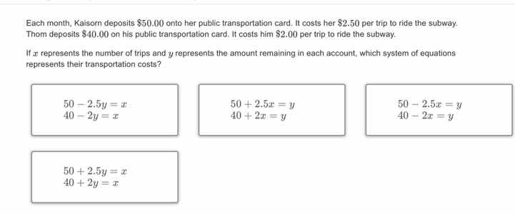 each month, kaison deposits $50.00 onto her public transportation card.…