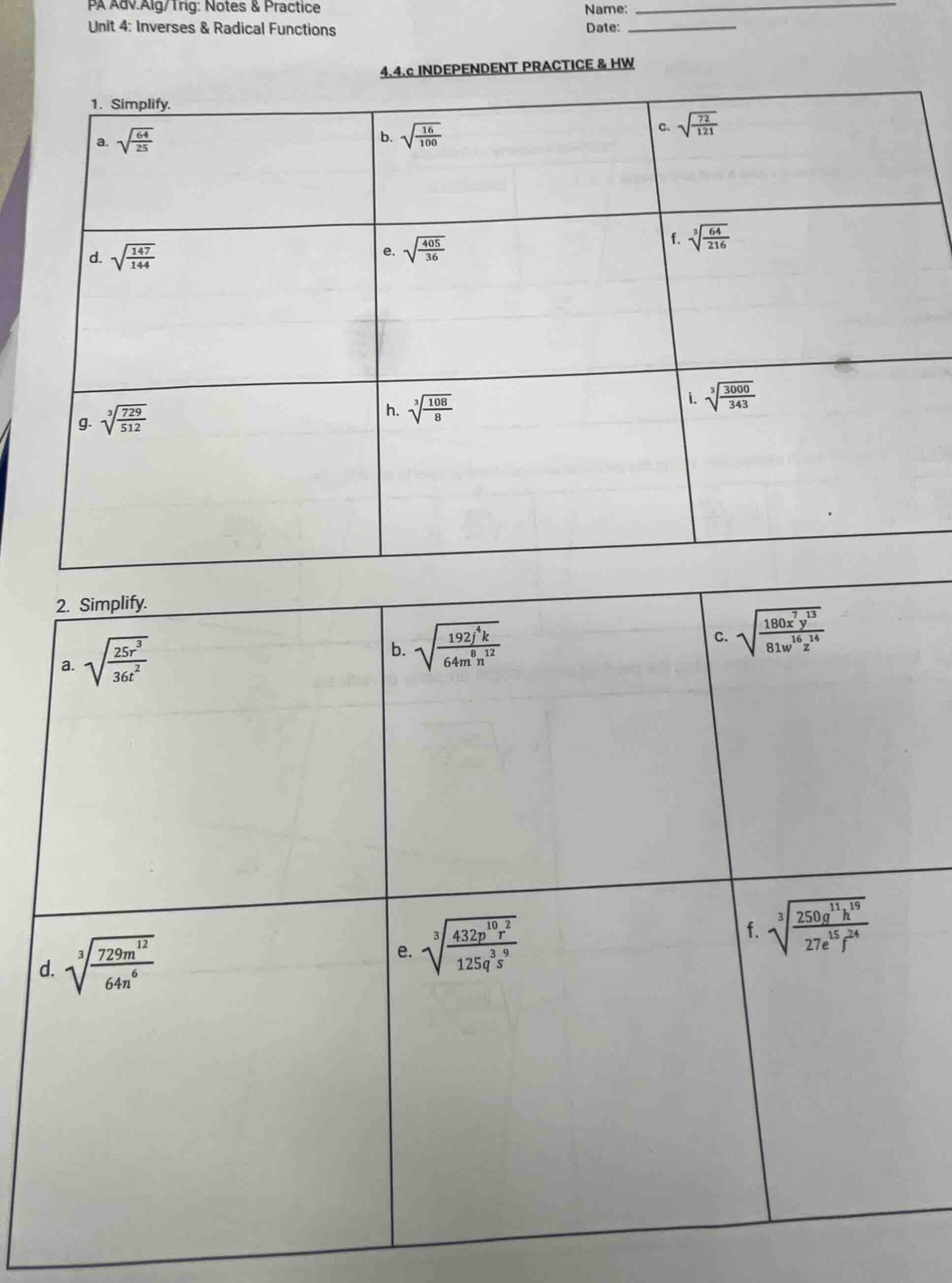 pa adv.alg/trig: notes & practice unit 4: inverses & radical functions …