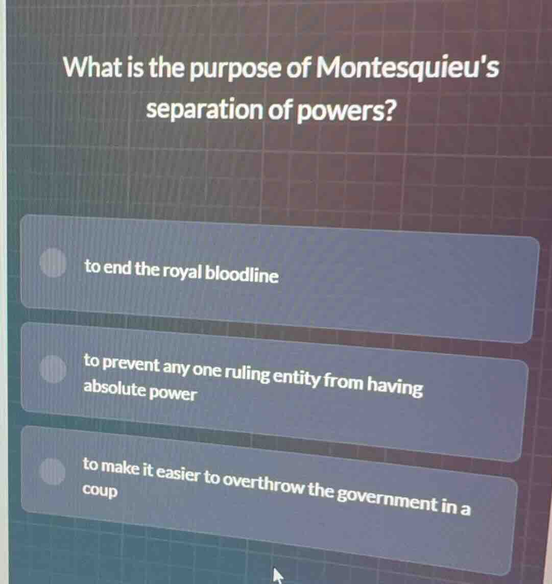 what is the purpose of montesquieus separation of powers? to end the ro…