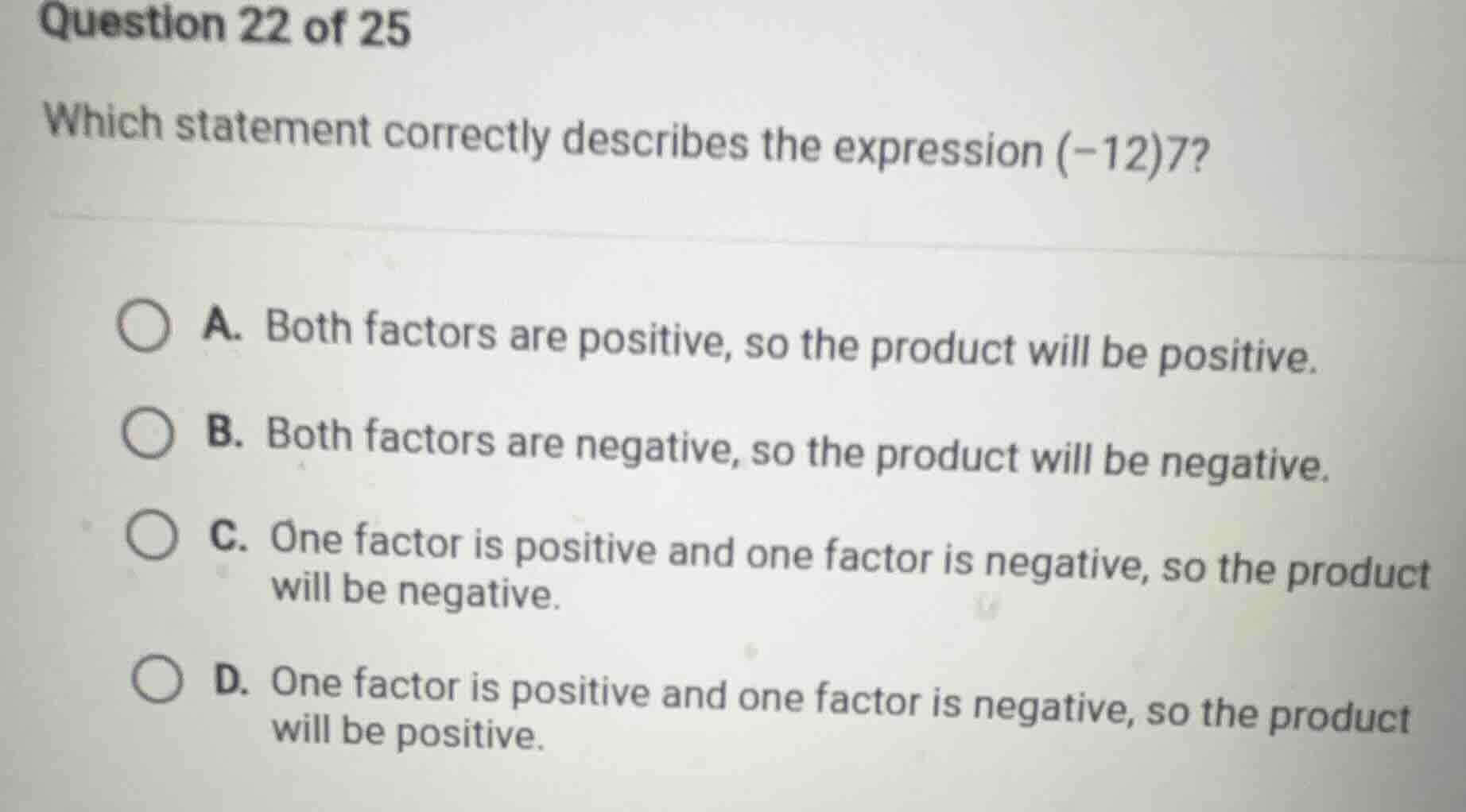 question 22 of 25 which statement correctly describes the expression (-…