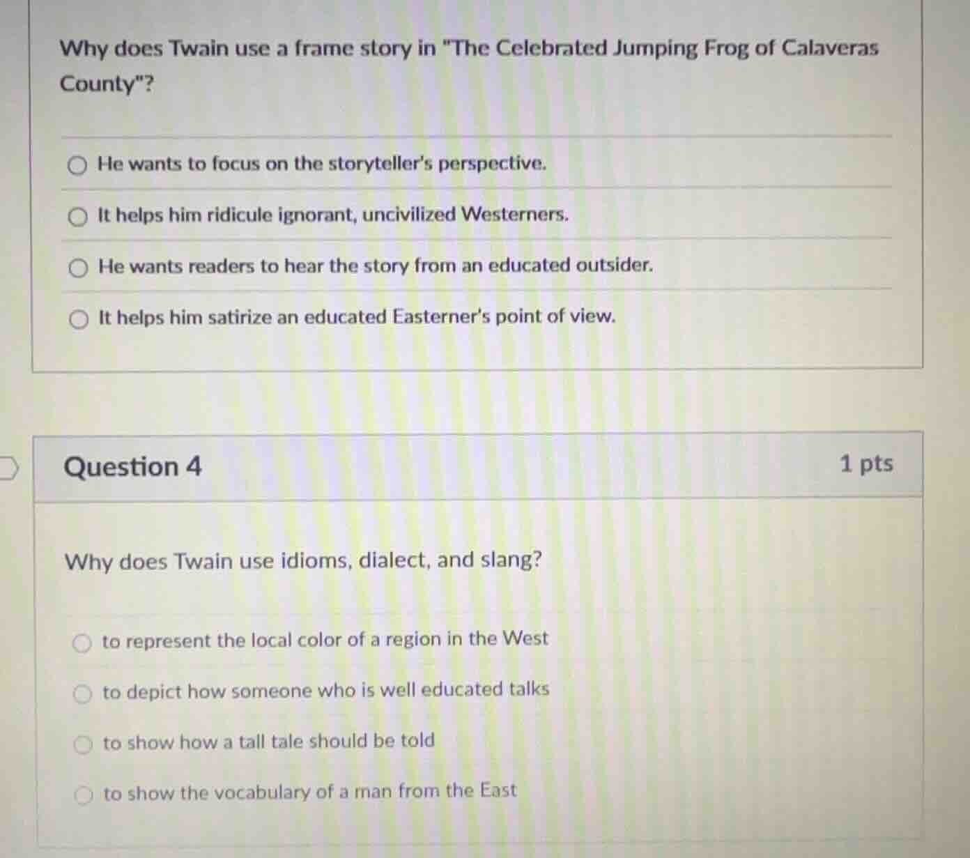 why does twain use a frame story in \the celebrated jumping frog of cal…