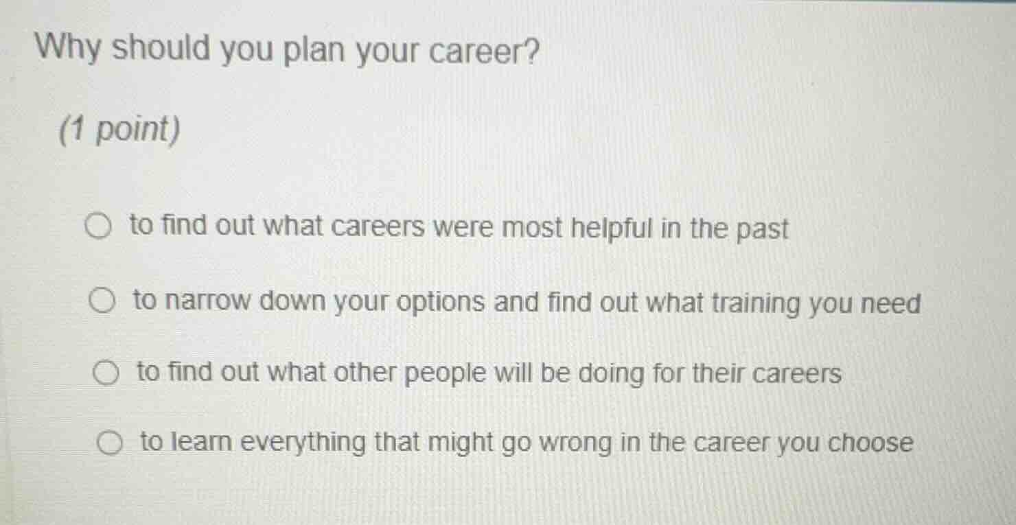 why should you plan your career? (1 point) ○ to find out what careers w…