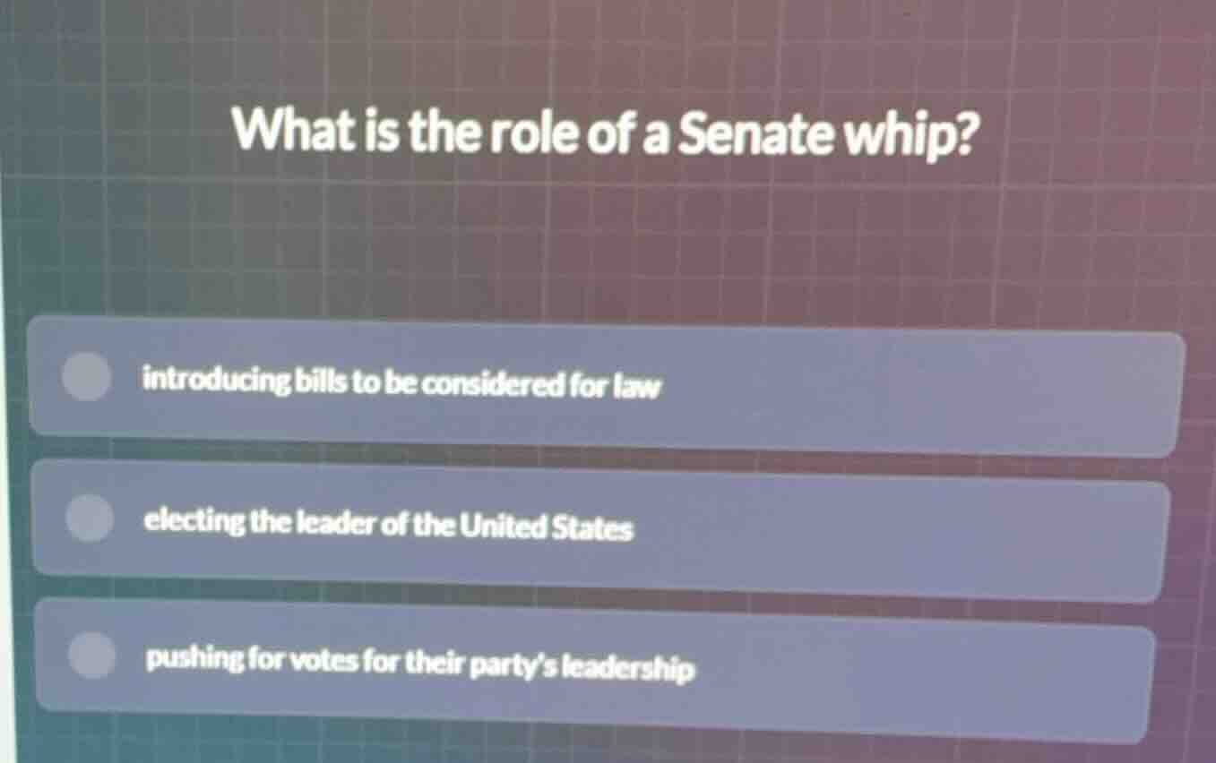 what is the role of a senate whip? introducing bills to be considered f…