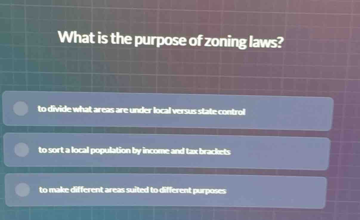 what is the purpose of zoning laws? to divide what areas are under loca…