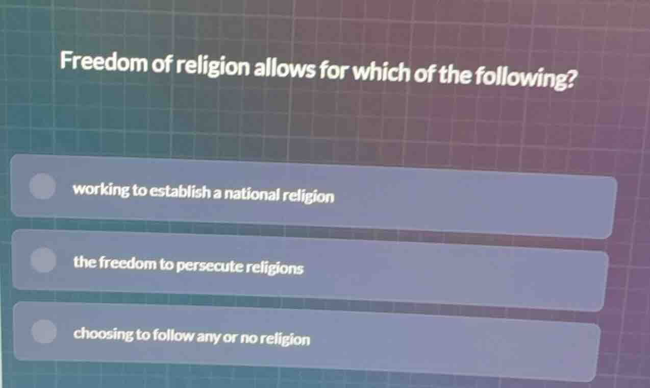 freedom of religion allows for which of the following? working to estab…